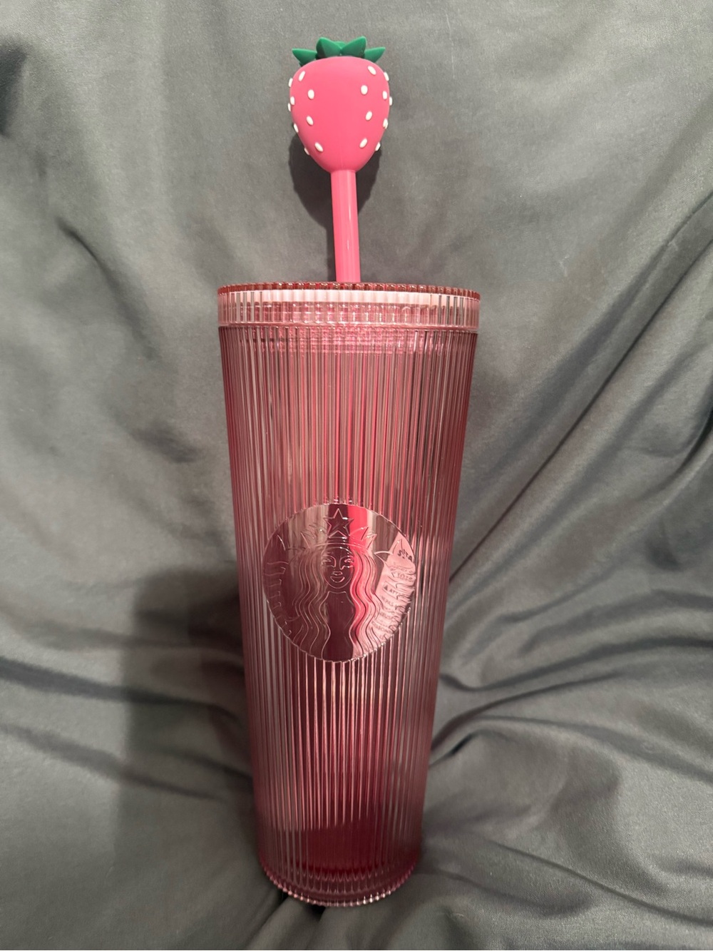 NEW, LIMITED EDITION!! Starbucks Pink Ribbed Tumbler with Strawberry Top Straw